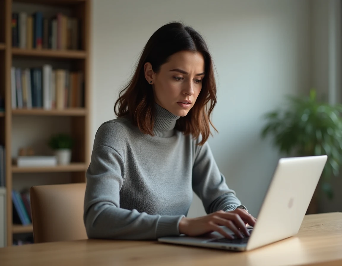 Femme consultant les paramètres de confidentialité sur un ordinateur portable, illustrant les risques liés à la vie privée avec les assistants IA comme Rabbit Findr en 2026
