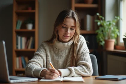 Femme écrivant dans un journal dans un bureau chaleureux