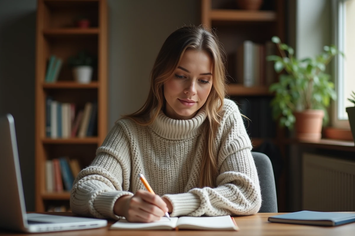 Femme écrivant dans un journal dans un bureau chaleureux