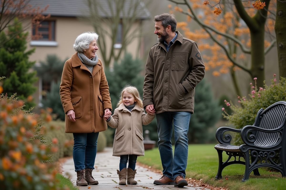 Femme âgée avec son fils et petite fille dans le jardin