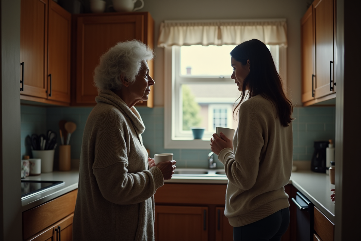 Femme âgée regardant par la fenêtre de la cuisine