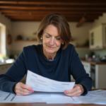 Femme d'âge moyen examinant des documents fiscaux dans une cuisine rustique