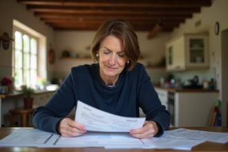 Femme d'âge moyen examinant des documents fiscaux dans une cuisine rustique