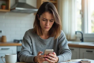 Femme inquiète regardant un appel entrant inconnu avec indicatif 0031 sur son smartphone dans sa cuisine