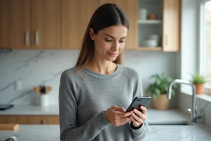 Femme inspectant un smartphone Samsung reconditionné dans une cuisine moderne, évaluant la qualité et l'état de l'appareil