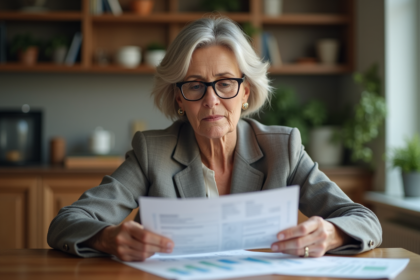 Femme d'âge moyen lisant des documents d'investissement à la maison
