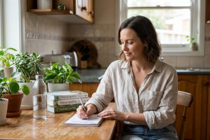 Femme en train de journaliser ses objectifs santé dans une cuisine naturelle