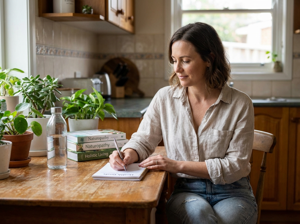 Femme en train de journaliser ses objectifs santé dans une cuisine naturelle