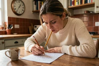 Femme concentrée corrigeant une lettre manuscrite remplie de fautes de conjugaison dans une cuisine française