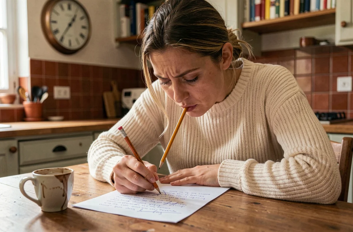 Femme concentrée corrigeant une lettre manuscrite remplie de fautes de conjugaison dans une cuisine française