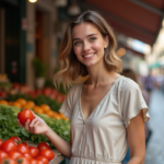 Jeune femme examine des tomates au marché en ville