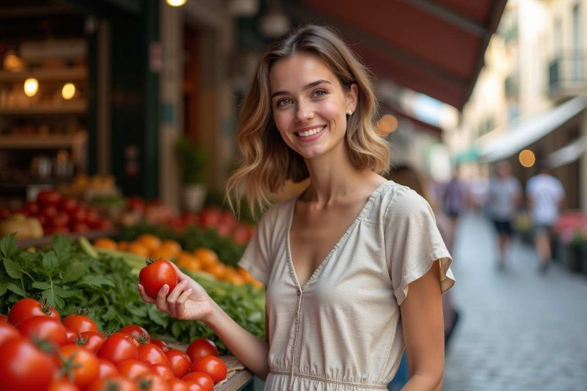 Jeune femme examine des tomates au marché en ville