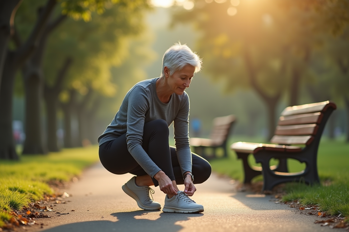 Femme active de 50 ans marche dans un parc au matin