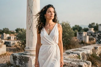Femme moderne en robe blanche drapée devant des ruines grecques antiques, évoquant les déesses de la mythologie grecque