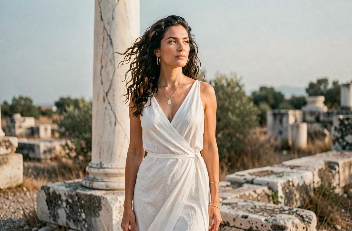 Femme moderne en robe blanche drapée devant des ruines grecques antiques, évoquant les déesses de la mythologie grecque