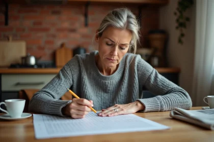 Femme concentrée résolvant des mots croisés avec un crayon à la main sur une table en bois, vue de trois quarts