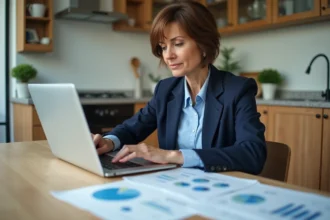 Femme d'âge moyen travaillant sur un ordinateur dans une cuisine moderne