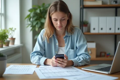 Jeune femme vérifiant dates sur smartphone et ordinateur