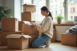 Femme organisée avec cartons dans un appartement à Rennes