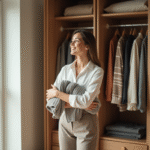 Femme organisée devant un vestiaire moderne et lumineux