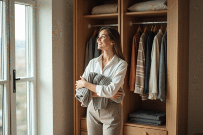 Femme organisée devant un vestiaire moderne et lumineux