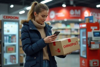 Femme avec parka et colis Chronopost dans un magasin