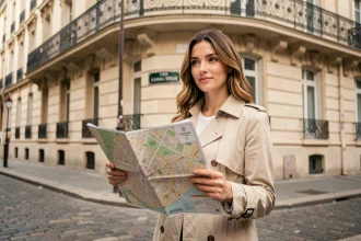 Femme consultant un plan papier de Paris devant un immeuble haussmannien dans un arrondissement parisien