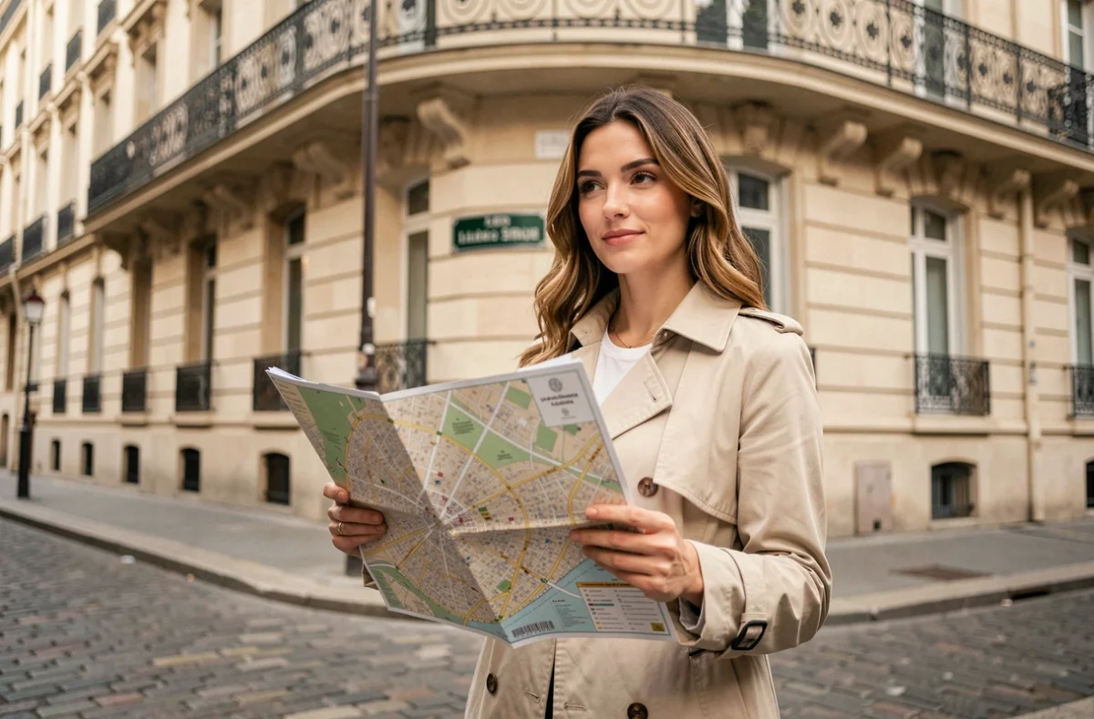 Femme consultant un plan papier de Paris devant un immeuble haussmannien dans un arrondissement parisien
