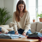 Jeune femme plie des vêtements d'occasion dans son salon
