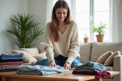 Jeune femme plie des vêtements d'occasion dans son salon