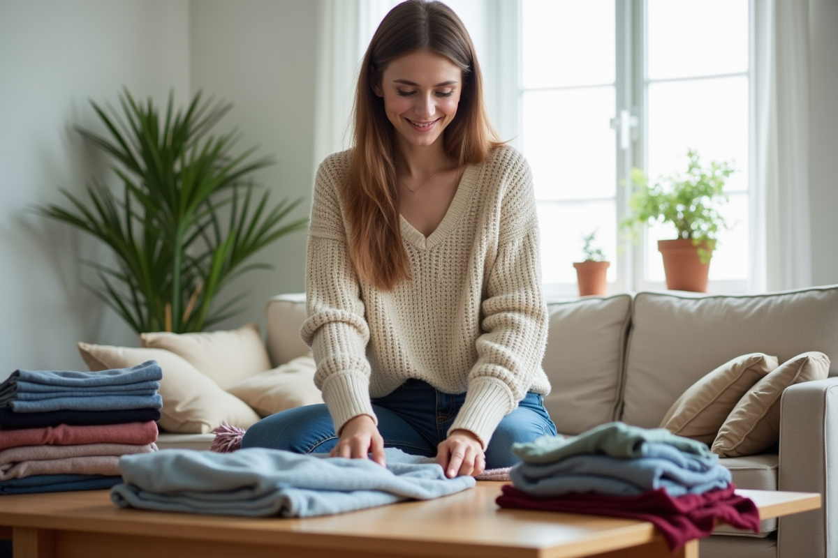 Jeune femme plie des vêtements d'occasion dans son salon