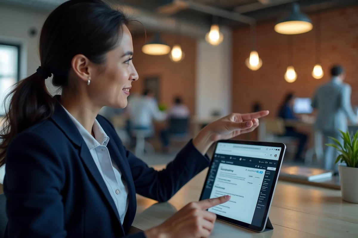 Femme professionnelle présentant l'interface du site Xataf.com sur une tablette dans un espace de coworking