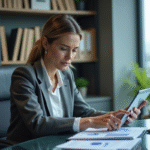 Femme professionnelle en réunion avec tablette et graphiques