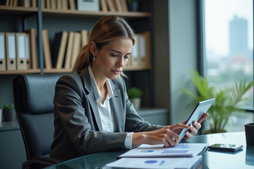 Femme professionnelle en réunion avec tablette et graphiques