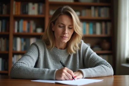 Femme rédigeant une carte de vœux à son bureau en bois, concentrée sur l'orthographe correcte de son message