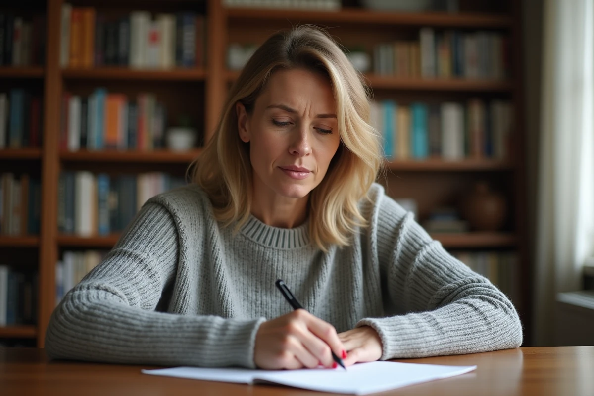 Femme rédigeant une carte de vœux à son bureau en bois, concentrée sur l'orthographe correcte de son message