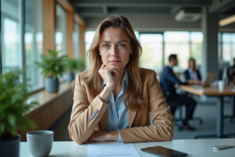 Femme en réflexion dans un bureau moderne