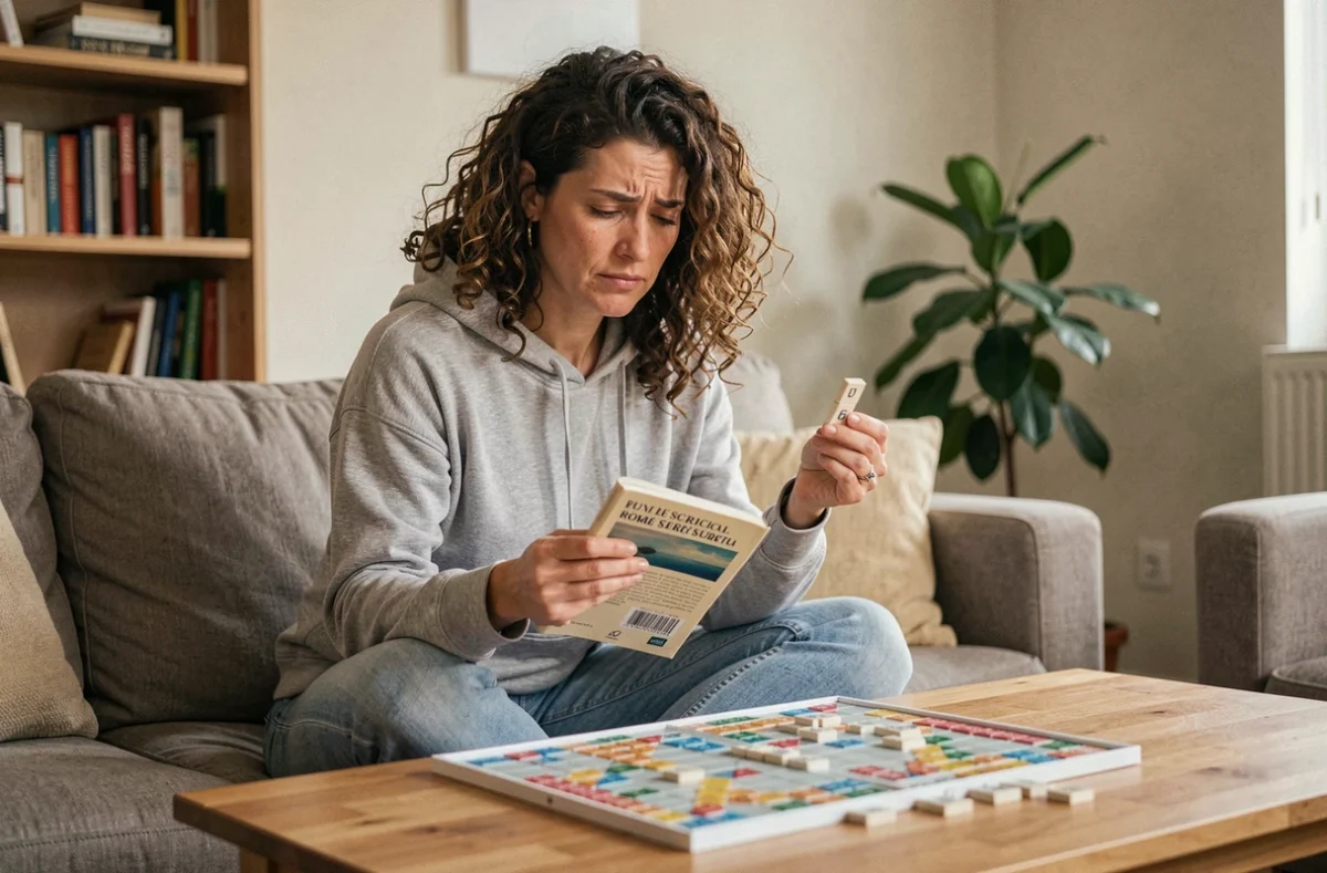 Femme consultant le règlement officiel du Scrabble sur un canapé avec des tuiles de lettres dans la main