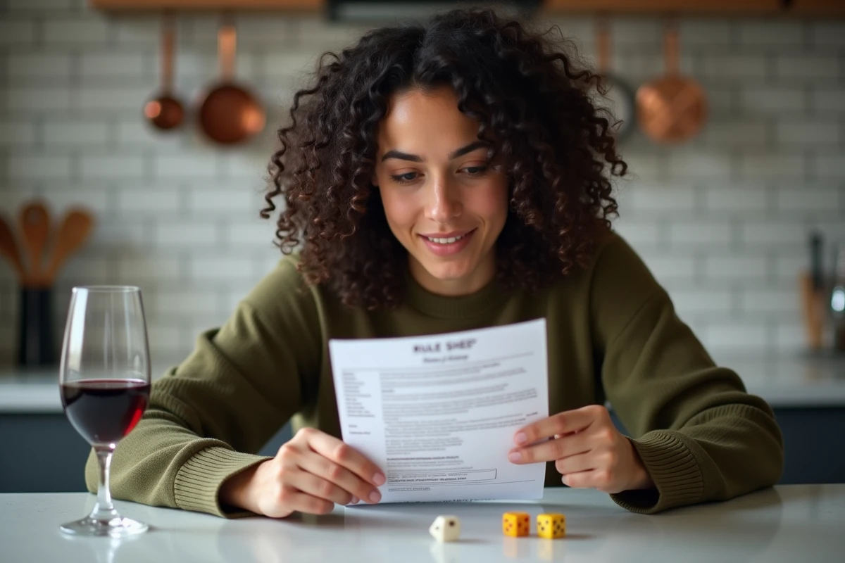Jeune femme consultant une fiche de règles du 421 imprimée posée sur un comptoir de cuisine avec des dés