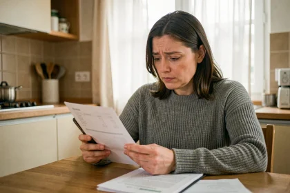 Femme consultant son relevé téléphonique avec un smartphone affichant l'indicatif +44 sur une table de cuisine moderne
