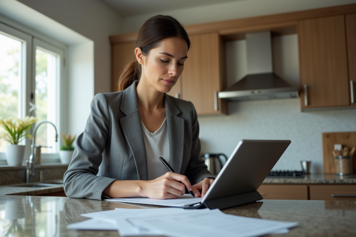 Femme professionnelle remplissant formulaires immobilier
