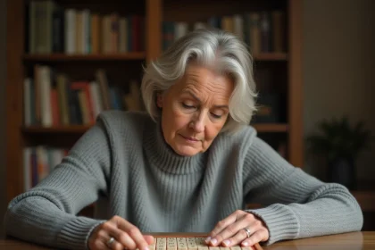 Femme adulte jouant au Scrabble à une table en bois, posant des lettres sur le plateau avec concentration, stratégie de mots courts