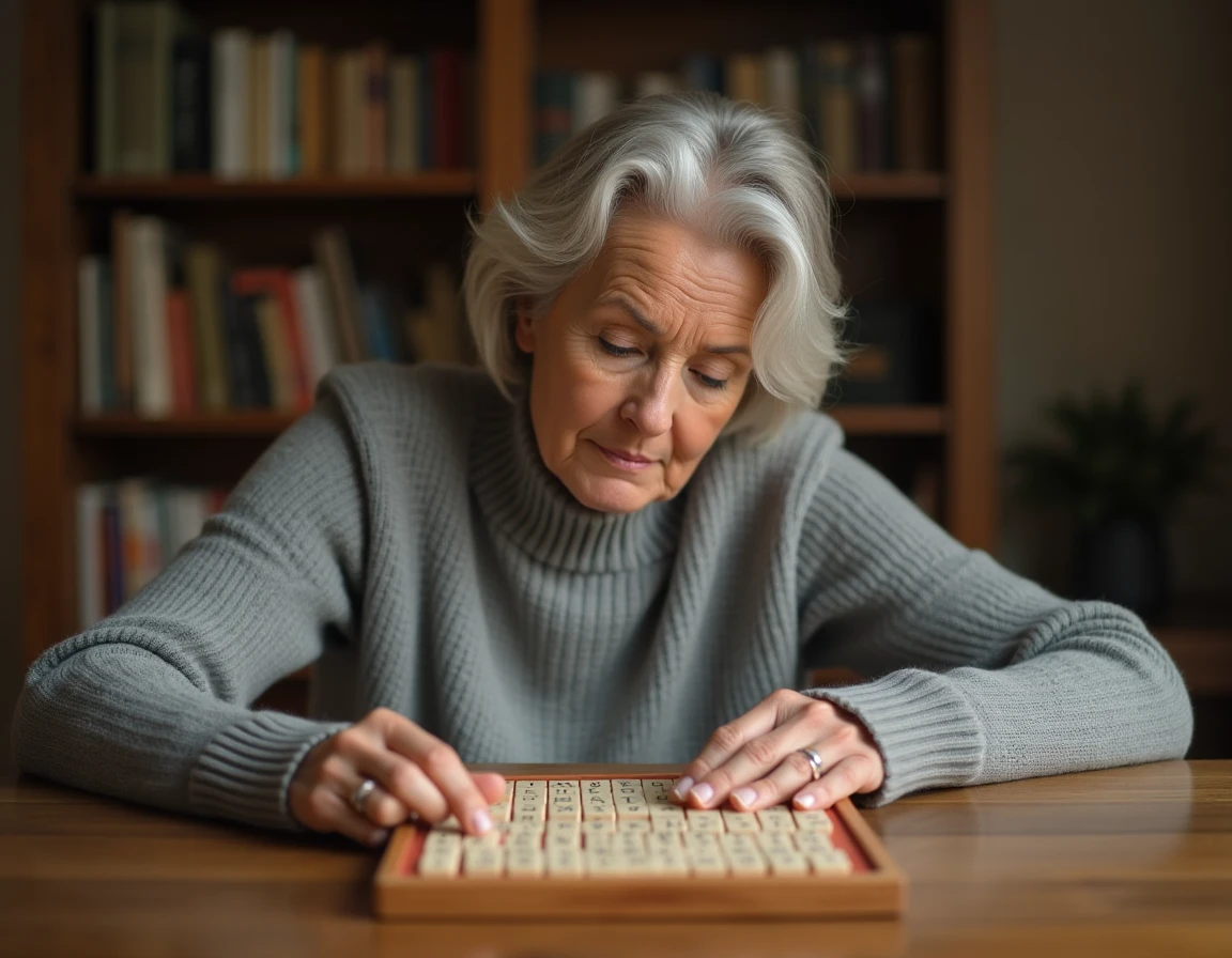 Femme adulte jouant au Scrabble à une table en bois, posant des lettres sur le plateau avec concentration, stratégie de mots courts