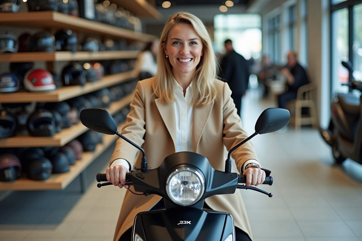 Femme assise sur une moto Dax 125 dans un showroom
