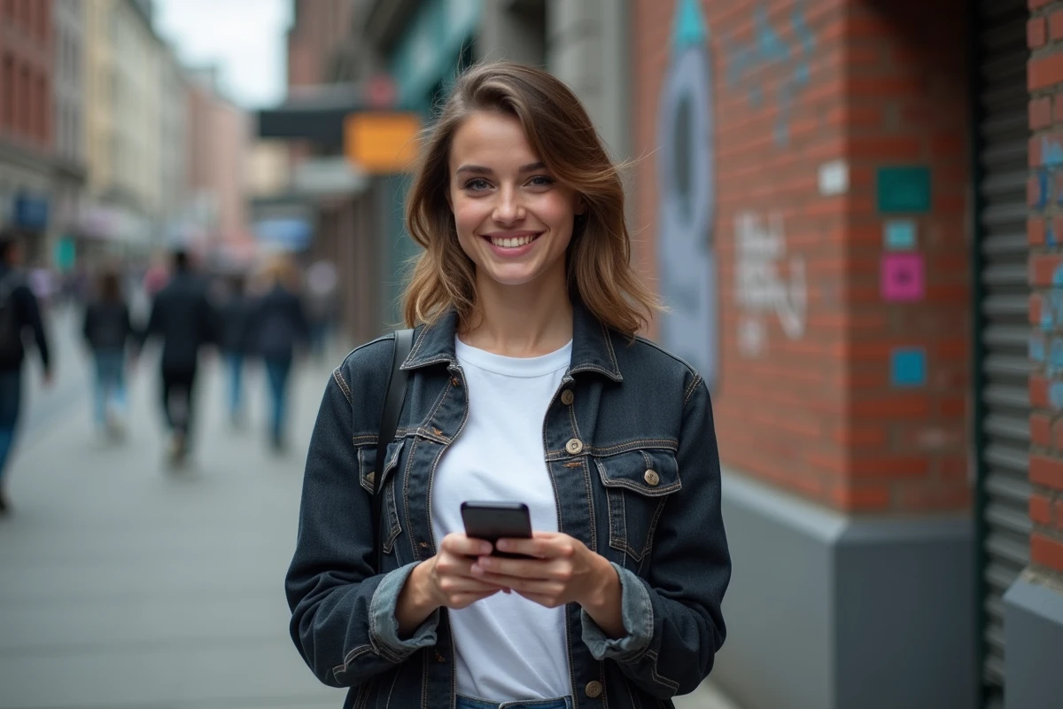 Femme tenant un smartphone avec un fil de réseaux sociaux en extérieur urbain, symbolisant le suivi de comptes comme haffnercharlotte sur Instagram et X