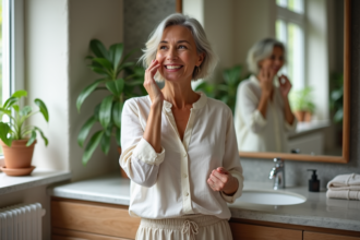 Femme de 50 ans appliquant une creme visage dans sa salle de bain