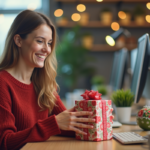 Jeune femme déballant un cadeau de noel dans un bureau