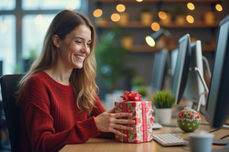 Jeune femme déballant un cadeau de noel dans un bureau