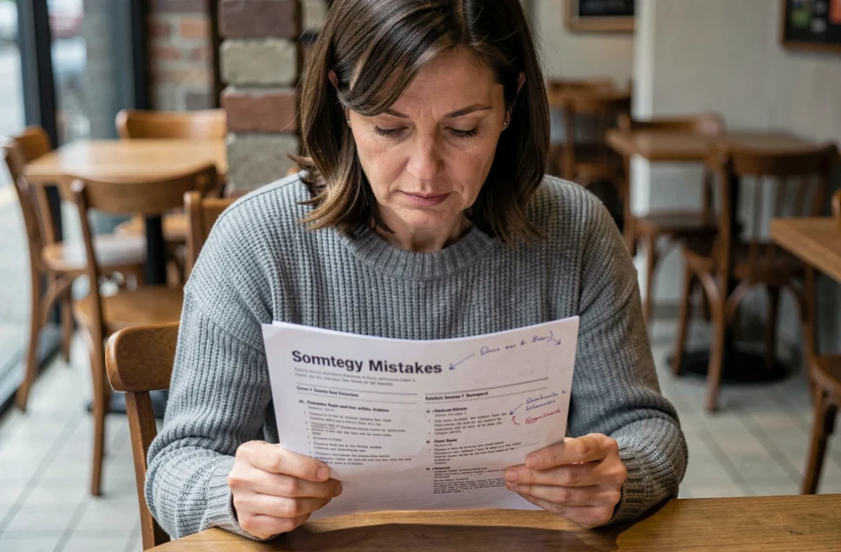 Femme adulte studieuse consultant une fiche de stratégie annotée pour éviter les erreurs courantes au jeu indice pedantis dans un café
