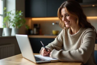 Jeune femme souriante prenant des notes dans une cuisine chaleureuse